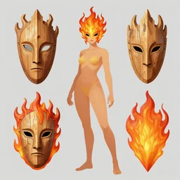 female fire creature with a wooden mask character design sheet, Moebius, Greg Rutkowski, Zabrocki, Karlkka, Jayison Devadas, Phuoc Quan, trending on Artstation, 8K, ultra wide angle, zenith view, pincushion lens effect