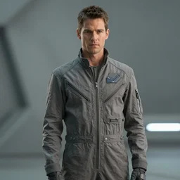 portrait of a man by greg rutkowski, he looks like dennis quaid, very tall and slender, wearing a utilitarian jumpsuit, scifi, sharp foccus, artstation hq.