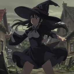 key anime visual portrait of a young female in a village, dynamic pose, dynamic perspective, cinematic, dramatic lighting, muted colors, detailed silhouette, textured, finely detailed eyes, anime proportions, little witch academia