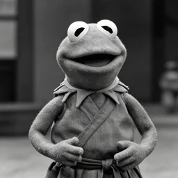 Kermit the frog from Sesame Street as a Ronin in a Kurosawa film, Still Frame, Black and White