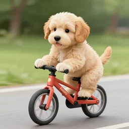 digital art, golden doodle puppy, riding a pelaton, cute, artistic