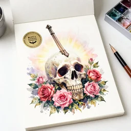 watercolor painting of scull with roses on white paper, full face, bright, white table, white walls