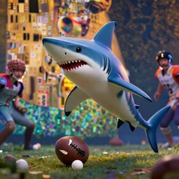 shark man playing football, hyper detailed, digital art, trending in artstation, cinematic lighting, studio quality, smooth render, unreal engine 5 rendered, octane rendered, art style by klimt and nixeu and ian sprigger and wlop and krenz cushart.