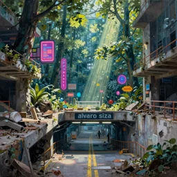 a beautiful hyperdetailed painting of city building underground station unfinished building urbex by alvaro siza ( alvaro siza vieira ), vaporwave tron sunlight neon signs forest, archdaily, wallpaper, highly detailed, trending on artstation.