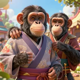 sunny, 4 k realistic, ross tran, good looking, trending on artstation, 8 k resolution, realistic shaded lighting poster by artgerm, fuji choko, cryengine, realistic shaded, two beautiful chimpanzees wear fantasy kimono in festival, luxury, loish, hyper details, big eyes, smile, dreamlike art
