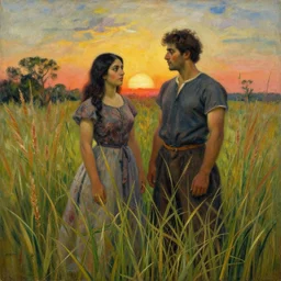 realist by richard doyle, by diego rivera botanical illustration. a beautiful assemblage of a man & a woman in a field of tall grass with the sun setting behind them