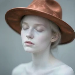 out of focus photorealistic portrait of a beautiful aesthetic pale woman by saul leiter, very blurry, translucent white skin, closed eyes, foggy, with a copper hat