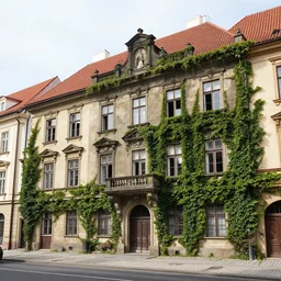 a professional color photo of a prague without humans, prague with animals returning to the city, abandonned prague buildings mildly covered with ivy, humans suddenly dissapeared, detailed photo, fine detail, iphone 4 k