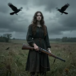 pastoral eerie. a woman has a rifle. there are ravens in the sky. folk horror. hyperrealistic