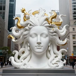 3 d full head and shoulders beautiful white porcelain head, flowing massive hair, thick octopus tentacles and chinese gold dragons, giant sculpture on a platform in a wide city street, by theodor seuss geisel and daniel arsham and xiang duan