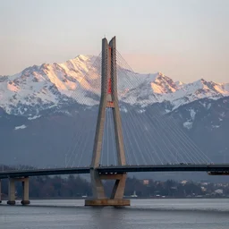 bandra - worli sea link in switzerland, cable stayed bridge, snow mountains in background, soft light, sunrise, cinematic, high resolution, ultra detailed, stunning shot