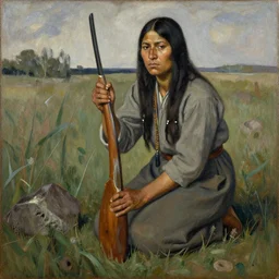 indigenous woman hunting, painted by lucian freud, hd, super detailed, realistic, muted colors