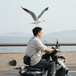A seagull sitting on top of a man, who is riding an electric scooter