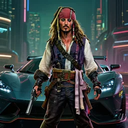 jack sparrow in the game of cyberpunk 2 0 7 7, portrait, focus, 3 d illustration, sharp, intricate, poster, jack sparrow standing in front of the futuristic car, night city dystopian cyberpunk city in the background, holding a gun, photo, detailed photo, scene from blade runner