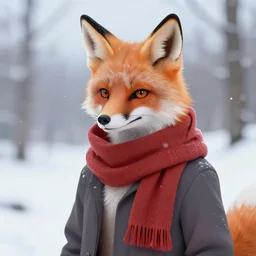 a transhuman fox fursona wearing a scarf in the snow, trending on artstation, furry art