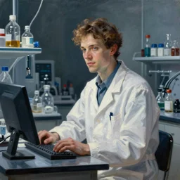 a romantic painting of a high detailed portrait of a scientist in a white coat in a laboratory with a computer, romanticism, oil painting
