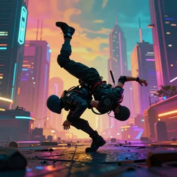 a cyberpunk netrunners break dancing, surreal, urban ciryscape by Nick Xsullo, vibrant colourful background, rendered in Octane