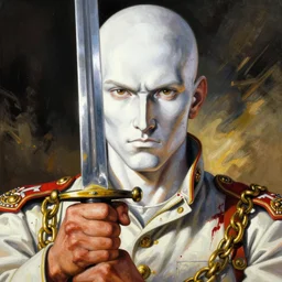 portrait of a war hero holding his sword in front of his face by yoji shinkawa, high quality, extra details, realism, ornate, colored, golden chain, blood, white skin, short hair, brown eyes, vivid, sunlight, dynamic, american man, freedom, white american soldier, painting