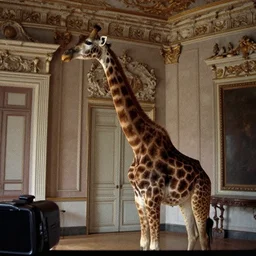 mini dv camera footage of a girafe in a neoclassical room, heavy grain heavy artefact, very very low quality, trail cam