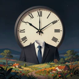 clock - faced giant wearing a business suit, dreamy landscape, clock instead of face, dark, beautiful composition, colorful, by ross tran and wlop, masterpiece, artstation