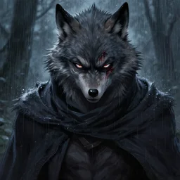 a werewolf with a cowl trying to hide, scarred, wet, raining, close up, rim lighting, portrait, sinister atmospheric lighting. highly detailed painting by greg rutkowski, anime style