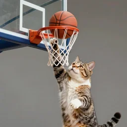 a cat dunking a basketball into a hoop, realistic, 4k