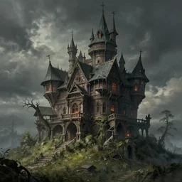 detailed the huge haunted house on the edge of a hill , highly detailed, illustration, fantasy art, in the style of greg rutkowski, epic, fantasy, intricate, hyper detailed, artstation, concept art, smooth, sharp focus, ray tracing