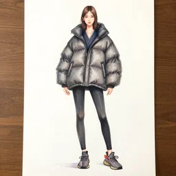 a fashion sketch of a girl wearing a puffy japanese kimono inspired anorak and tight leggings yeezy 5 0 0 sneakers