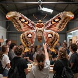 a group of people gathered in a warehouse, worshipping a giant atlas moth, highly detailed, 8 k