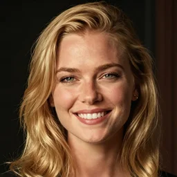 a portrait image of kate winslet with blond hair and green eyes, a wide smile and a genuinely happy and calm expression, looking directly at the camera