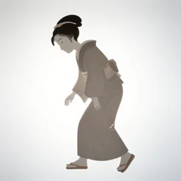 back lit paper cut shape shadows on white screen of an old japanese edo period woman walking bent over,