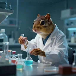digital art of a scientist chipmunk in a lab coat conducting experiments in a dimly lit lab, cinematic, trending on ArtStation