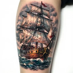 a pirate ship sailing in the sea, realism tattoo design, white background, by Matteo Pasqualin tattoo artist
