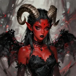 cool and bored looking succubus, portrait of a lady demon all dressed in black, red skin, beautiful face and eyes, ram horns on her head, highly detailed, cel shaded, cinematic shot, trending on artstation, blurry background, high quality, detailed and chaotic background, brush strokes all over, by tom bagshaw and jama jurabaev