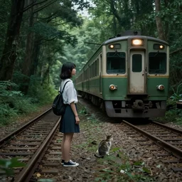 Standing Japan girl looking and waiting to the old train heading the station with cat sitting on her right, dense creepy forest, overgrown rails, 50mm photo, highly detailed, hyper realistic, matte painting, 4k, 8k resolution, trending on artstation, octane render, unreal engine, cinematic