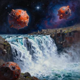 !! waterfall !! in asteroid field, space with stars and cosmos in background, ultra detailed, high quality, very sharp, artstation award winner, ultra realistic, oil painting, digital painting, octane render, 8k, vibrant, ultra detailed water
