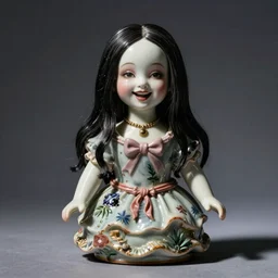 christina ricci as an eerie laughing porcelain doll, studio photography, narrow depth of field