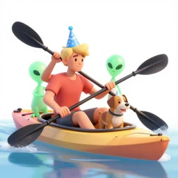blonde guy, a dog and a green alien with birthday hats, on a kayak in a forest, with a lighthouse in the background, nft by bewbs and beeple