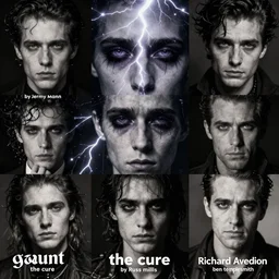 gaunt ( the cure fan ) as dream from sandman, dim stars as eyes, by jeremy mann, by cedric peyravernay, by by russ mills, by richard avedon and ben templesmith, dramatic lightning, sadness, dark eye sockets, in the shadows, punk rock, gothic, high detailed, 8 k