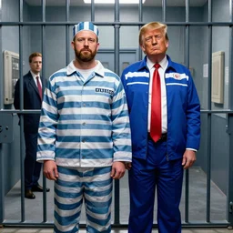 portrait of Alex Jones wearing prison clothes and Donald trump wearing prison clothes going out on a date in a prison jail cell behind bars, Greg rutkowski , craig mullins, vibrant color, cinematográfica, digital Art, trending on artstation, octane