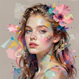 very elaborated hyperdatailed half-lenght portrait. maximalist mixed media collage in vibrant shiny pastel tones. textures. matte background HD