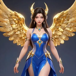 a woman in a blue dress with gold wings, a character portrait by lu ji, artstation, fantasy art, artstation hd, polycount, 2 d game art