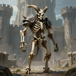 a spiked horned detailed semiork - semihuman skeleton with armored joints stands in a large castle with a pebble in hands. wearing massive shoulderplates. extremely high details, realistic, fantasy art, solo, masterpiece, bones, artstation contest winner, art by ariel perez, michael whelan, rebecca guay, ed binkley, johannen voss