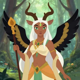 the beautiful forest fairy has brown skin, white hair, antelope horns on her head, green eyes and the third eye on her forehead. she wears dunhuang clothes. she has black and gold wings behind her and holds a brown scepter in her hand. character design, animation image design, painting by wlop