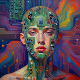 stunning person suffering from jpeg compression, 4 8 0 p, exposed rtx 2 0 6 0 circuitry, psychedelic backdrop, high detail, oil on canvas, greg rutkowksi, octane render, ray tracing, abstract composition, trending on artstation,