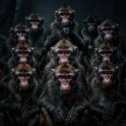 a cult of monkeys staring at the camera with dead soulless expressionless eyes, horrifying atmosphere, dark room, dramatic lighting, dark scary lighting, konglomerate