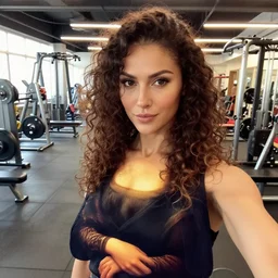 small chin mona lisa female influencer in gym instagram selfie photo staring at camera with curly hair in gym photo annie leibovitz # gym # photography # beauty
