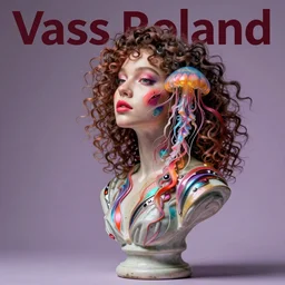 Vass Roland cover art future bass girl un wrapped!!!!! statue bust curls of hair petite lush side view body photography model full body!!! curly!!!!! jellyfish lips!!!!!! art contrast vibrant futuristic fabric skin jellyfish material metal veins!!!!! style of Jonathan Zawada, Thisset colours simple background objective