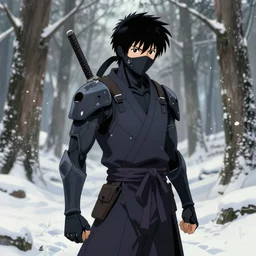 anime cyborg ninja warrior on a winter forest, digitally inked drawing, depth focus, rankings pixiv, artstation, imaginefx, gnomon chromatic aberration, noise, soft lighting, srgb, 4 k, cinematic rembrant, by wlop