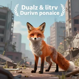 ultra wide shot, fox person in an abandoned city, post apocalyptic. artstation, digital painting, background bokeh, realism, illustration, amazing art, award winning, trending